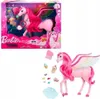 A product image showing a Barbie Pegasus toy in its packaging and also displayed outside of the packaging with accessories. Produktbild-Vorschau