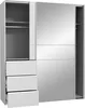 A white wardrobe with mirrored doors and three drawers is shown from the front and side. Produktbild-Vorschau