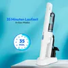 A white cordless vacuum cleaner is shown on a charging station against a bright blue background. Text and a circular graphic highlight its features. Produktbild-Vorschau