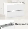 A white two-drawer nightstand with dimensions indicated by measurement lines and text. Podgląd zdjęcia produktu