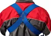 Close-up of the back of a person wearing a red and gray jacket with blue straps crossing over the back. Produktbild-Vorschau