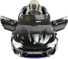 A black electric toy car with its doors open, viewed from the front. Produktbild-Vorschau