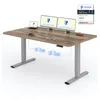 A modern, height-adjustable desk with a wooden top, dual monitors, and a laptop. Anteprima dell’immagine prodotto