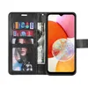 A black wallet-style phone case for a Samsung Galaxy A14, open to reveal card slots, a photo, and a banknote. The phone is inserted into the case. Produktbild-Vorschau