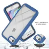 Two blue and clear iPhone cases are shown at an angle, with one slightly overlapping the other. The background is white and cracked, suggesting impact. Produktbild-Vorschau