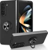 A black phone case with a ring holder is shown in multiple angles, with a folded smartphone inside one of the cases. Produktbild-Vorschau