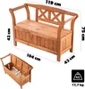 A wooden park bench with dimensions and a separate storage box shown. Produktbild-Vorschau
