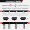 A technical data chart for weightlifting equipment, showing dimensions and weights of different bars and weight plates. Produktbild-Vorschau