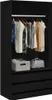 An open black wardrobe with clothes hanging on a rack and storage bins on a shelf. Anteprima dell’immagine prodotto