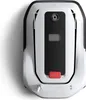 A top-down view of a white and black robotic lawnmower on a white and light gray background. Voir les images du produit