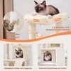 A multi-level cat tree with a cat on top and close-ups of its features. Produktbild-Vorschau