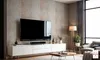 A modern living room with a TV, media console, floor lamp, and armchair. Anteprima dell’immagine prodotto