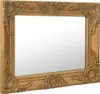 A rectangular mirror with an ornate, baroque-style golden frame, presented against a white background.
