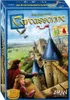 The image shows the box art for the board game Carcassonne, featuring a medieval castle scene with two people looking out over the landscape. Podgląd zdjęcia produktu