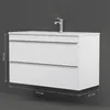 A white bathroom vanity with a faucet, shown against a dark gray wall with measurement lines. Produktbild-Vorschau