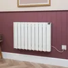 A white electric radiator mounted on a burgundy paneled wall, with a white skirting board and a wooden floor. Anteprima dell’immagine prodotto