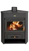 A black wood-burning stove with a glass door showing a fire inside. Produktbild-Vorschau