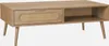 A light brown wooden coffee table with a drawer and an open shelf, set against a light gray background. Produktbild-Vorschau