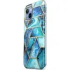A close-up side view of an iPhone 14 Plus case with a geometric blue and teal marble pattern and gold accents. Podgląd zdjęcia produktu