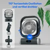A portable fan is shown with various angles and features highlighted, set against a neutral background with a plant in the background. Produktbild-Vorschau