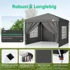 A marketing image showcasing a gray gazebo with various feature callouts. Produktbild-Vorschau