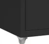 A close-up view of the bottom corner of a black filing cabinet, showing one of its gray wheels. Náhled obrázku produktu