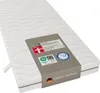 A white mattress with a grey band around it containing product information and certifications. Produktbild-Vorschau