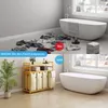A split image showing a messy bathroom floor with clothes scattered around in the top panel, and a tidy bathroom with a laundry sorter in the bottom panel. Anteprima dell’immagine prodotto
