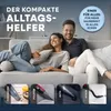 A couple relaxing on a couch with four inset images showing different uses of a handheld vacuum cleaner. Produktbild-Vorschau