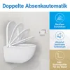 A white wall-mounted toilet with its lid and seat in various open positions, next to a toilet paper holder. The right side of the image features blue and tan panels with icons and text describing product features. Produktbild-Vorschau