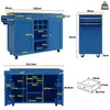 Diagrams and measurements of a blue kitchen island. Voir les images du produit