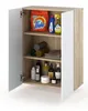A white and wood-grain cabinet with its doors open, displaying various cleaning and bath products on its shelves. Voir les images du produit
