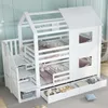 A white bunk bed with a house-like design, featuring stairs, storage drawers, and windows, set in a child's room. Produktbild-Vorschau
