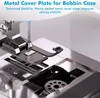 Close-up of a sewing machine's needle and bobbin area, highlighting a metal cover plate. Produktbild-Vorschau