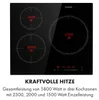 A top-down view of a black induction cooktop with three heating zones, each displaying its power output in watts. Produktbild-Vorschau