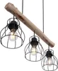 A hanging lamp with a wooden beam and three black metal cages, each holding a light bulb. Produktbild-Vorschau