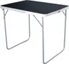 A foldable camping table with a black top and silver metal legs, shown against a white background. Produktbild-Vorschau