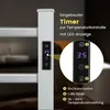 Close-up of a white electric towel warmer with a digital display and control panel, with a magnified inset showing the control panel details and text overlays explaining features. Produktbild-Vorschau
