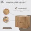 A wooden bathroom cabinet with two drawers, shown with close-up details of its construction and texture. Produktbild-Vorschau