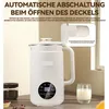 A white soy milk maker with a digital display and a glass of milk next to it, with text overlays describing its features. Produktbild-Vorschau