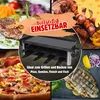 A collage of food items including steak, skewers, pizza, and grilled fish, with a raclette grill in the center and text overlay. Produktbild-Vorschau