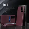 A red flip case for a smartphone is displayed with text highlighting its features. Náhled obrázku produktu