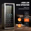 A wine cooler is shown in a bedroom setting with text overlays highlighting its features. Produktbild-Vorschau