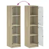 Two tall, narrow cabinets are shown side-by-side against a white background. The cabinet on the left has a glass door that is partially open, revealing shelves inside. The cabinet on the right has its glass door fully open, also showing shelves. A purple c Anteprima dell’immagine prodotto