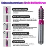 Silberne und magentafarbene Heißluftbürste mit fünf austauschbaren Aufsätzen: vorgeformte Düse, weiche Glättbürste, zwei 30-mm-Lockenstäbe und eine Zylinderbürste Voir les images du produit