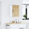 A white wall with a wooden cabinet mounted on it, above a white table with a wooden top. A window with blinds is visible on the right. Podgląd zdjęcia produktu