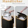 Two panels showing a person using a laundry basket. The left panel shows a person removing a liner from the basket, and the right panel shows the basket with a lid. Produktbild-Vorschau