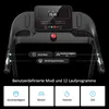 Close-up view of the console and handlebars of a treadmill, with feature callouts and icons. Produktbild-Vorschau