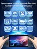 A handheld gaming console is being held by two hands, with a screen displaying a racing car. The background features a starry sky and icons representing various gaming systems. Produktbild-Vorschau