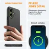 A hand holding a black phone case, with marketing text and graphics about the product's features. Produktbild-Vorschau
